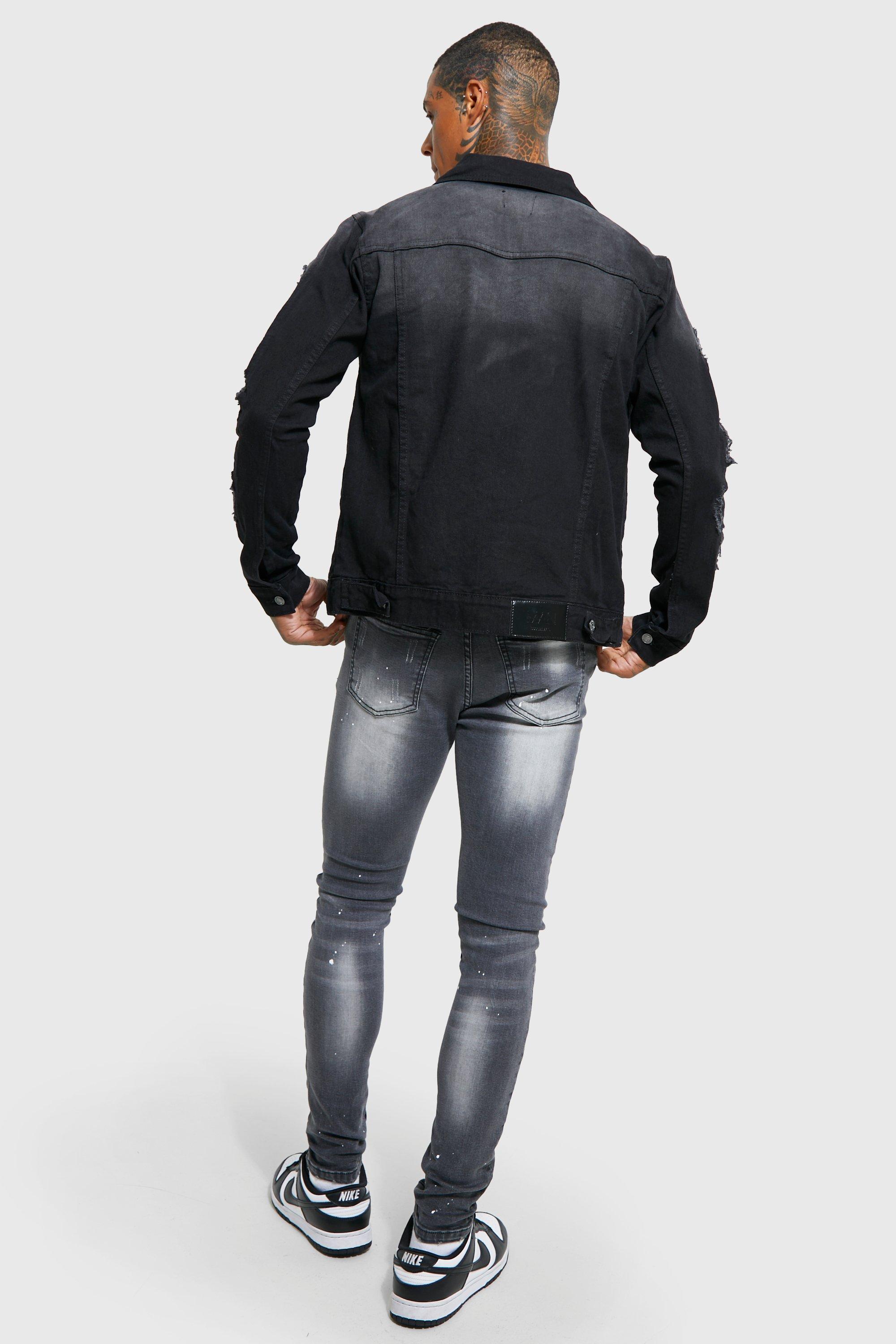 Regular Fit Rip & Repair Biker Denim Jacket | boohoo